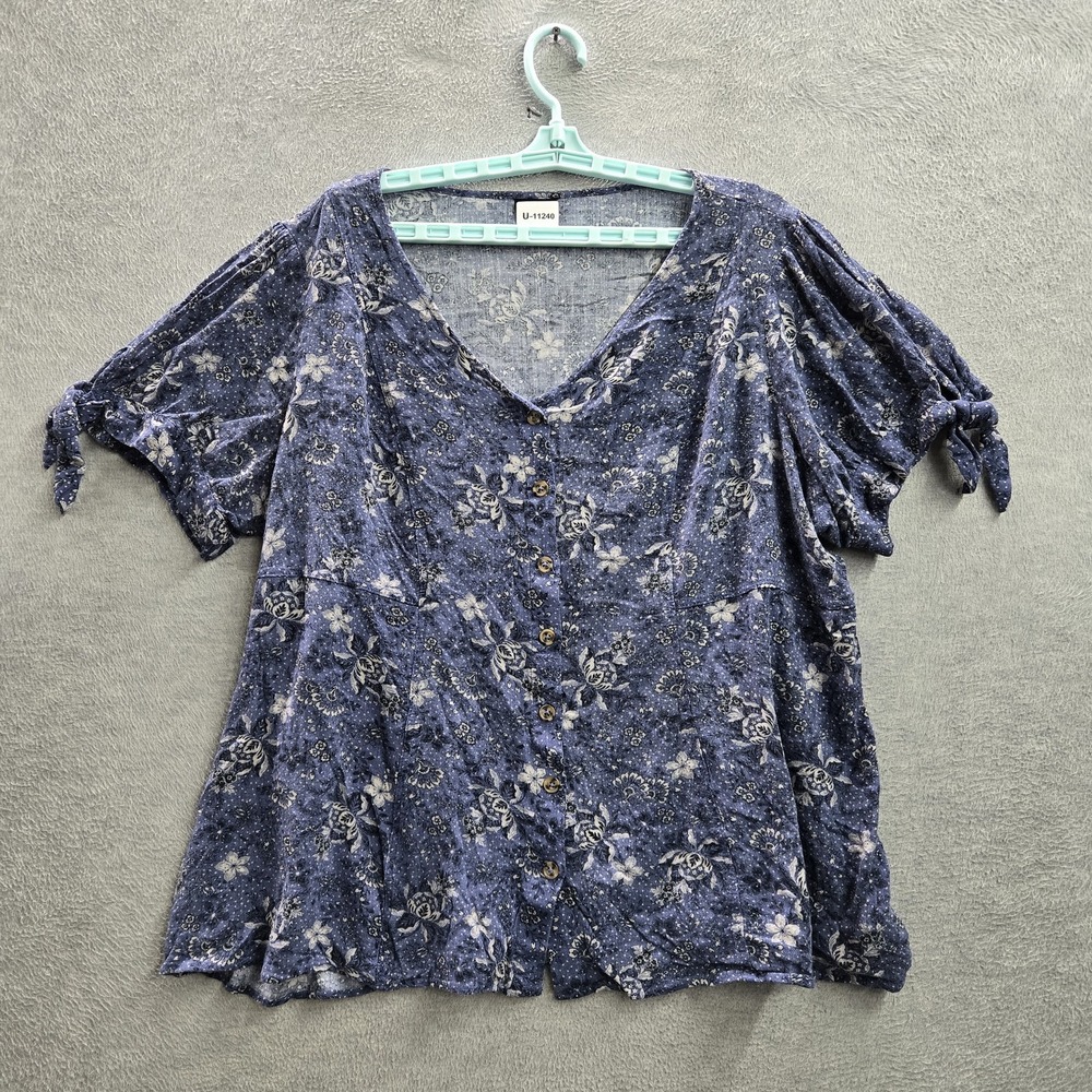 Torrid Women Blouse 3 Blue Floral Button V-Neck Front